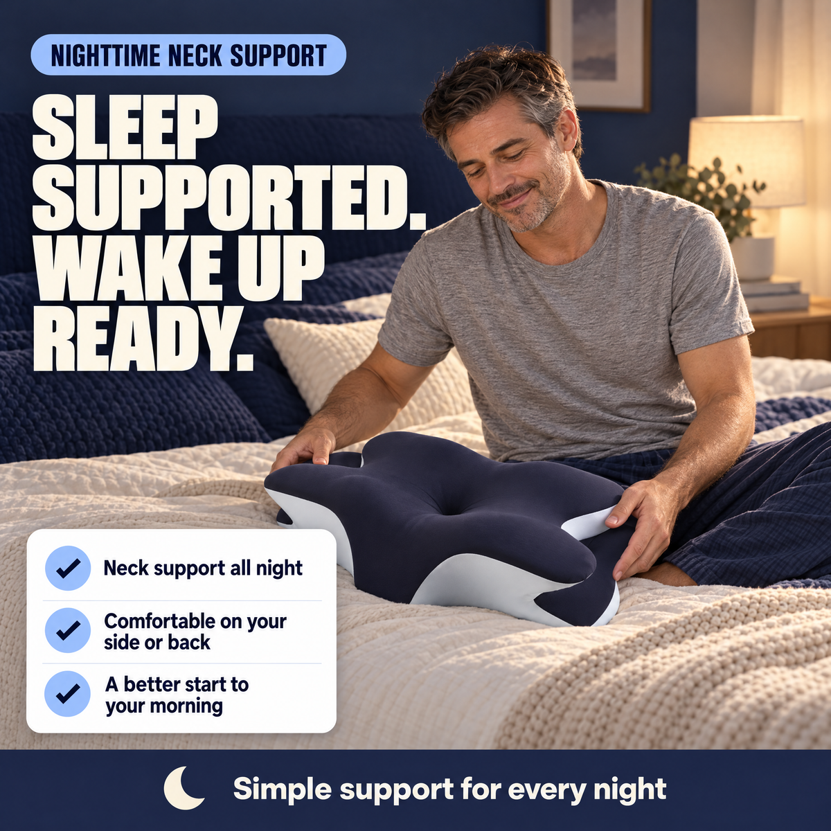 Man settling onto the napesleep pillow at bedtime