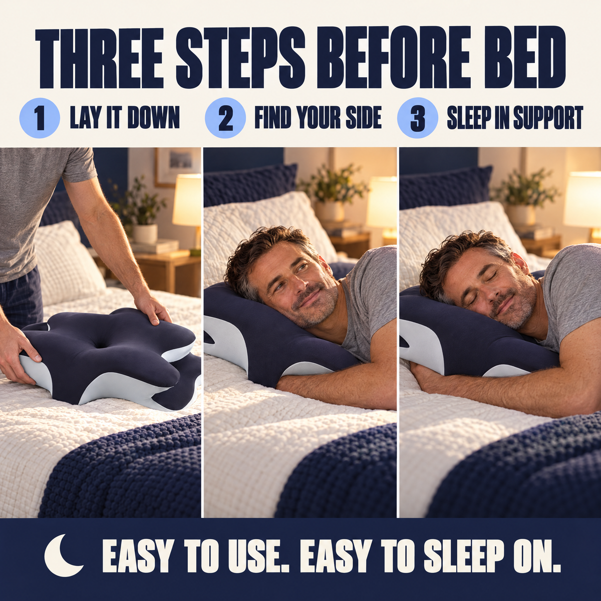 Three steps to use the napesleep pillow before bed