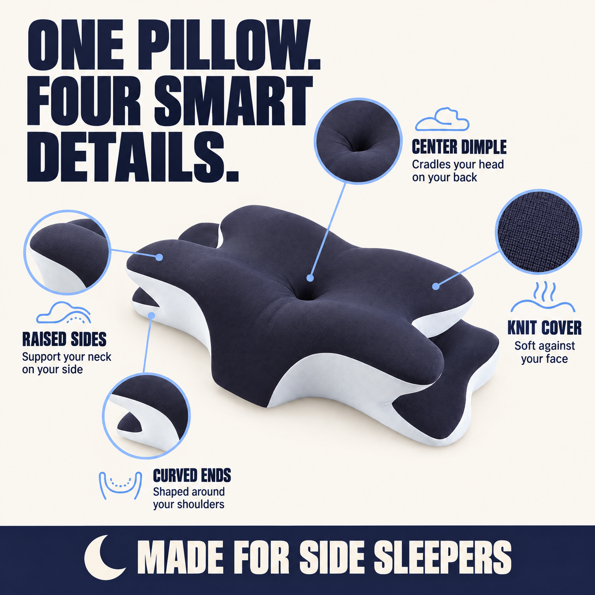 napesleep pillow details: center dimple, raised sides, curved ends, knit cover