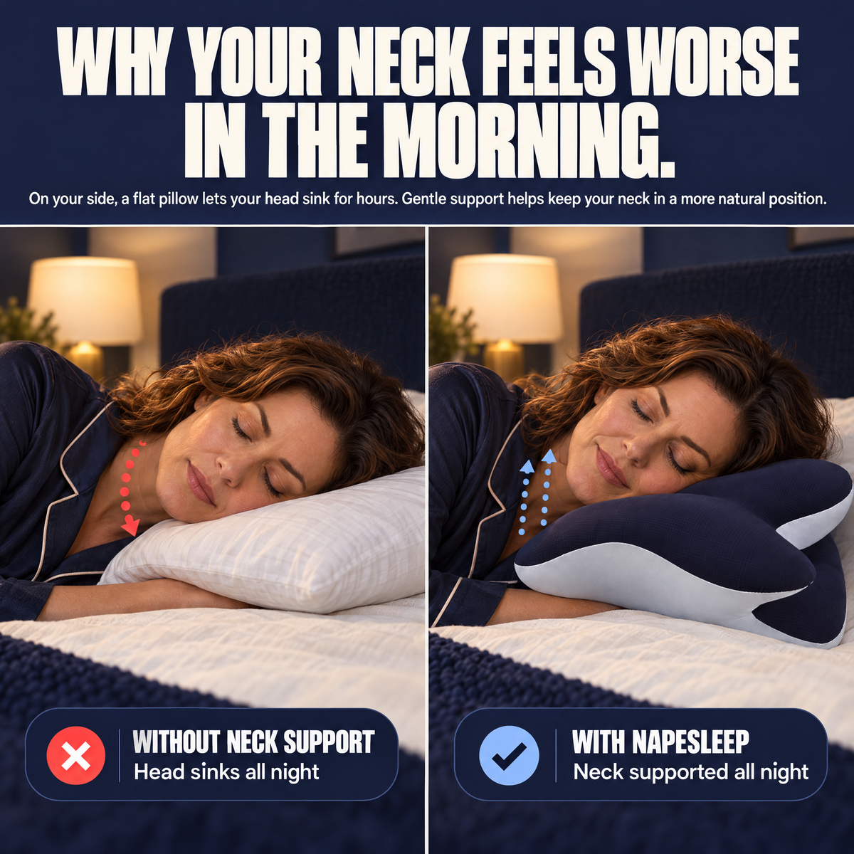 Side sleeper on a flat pillow versus supported on the napesleep pillow