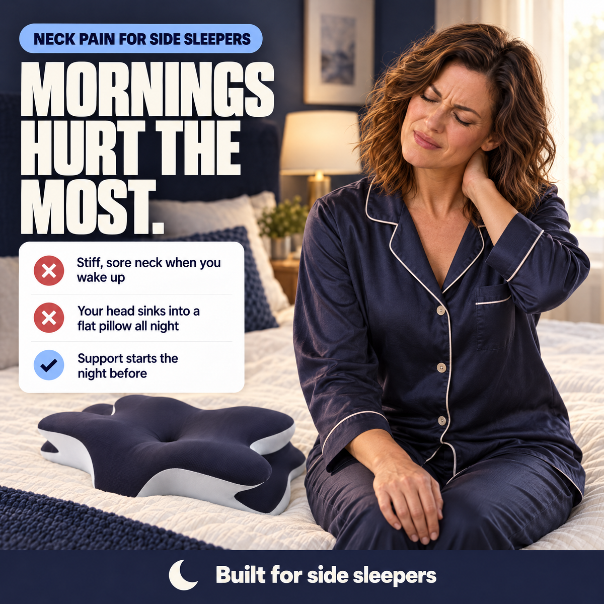 Woman holding her stiff neck after waking up, napesleep pillow on the bed